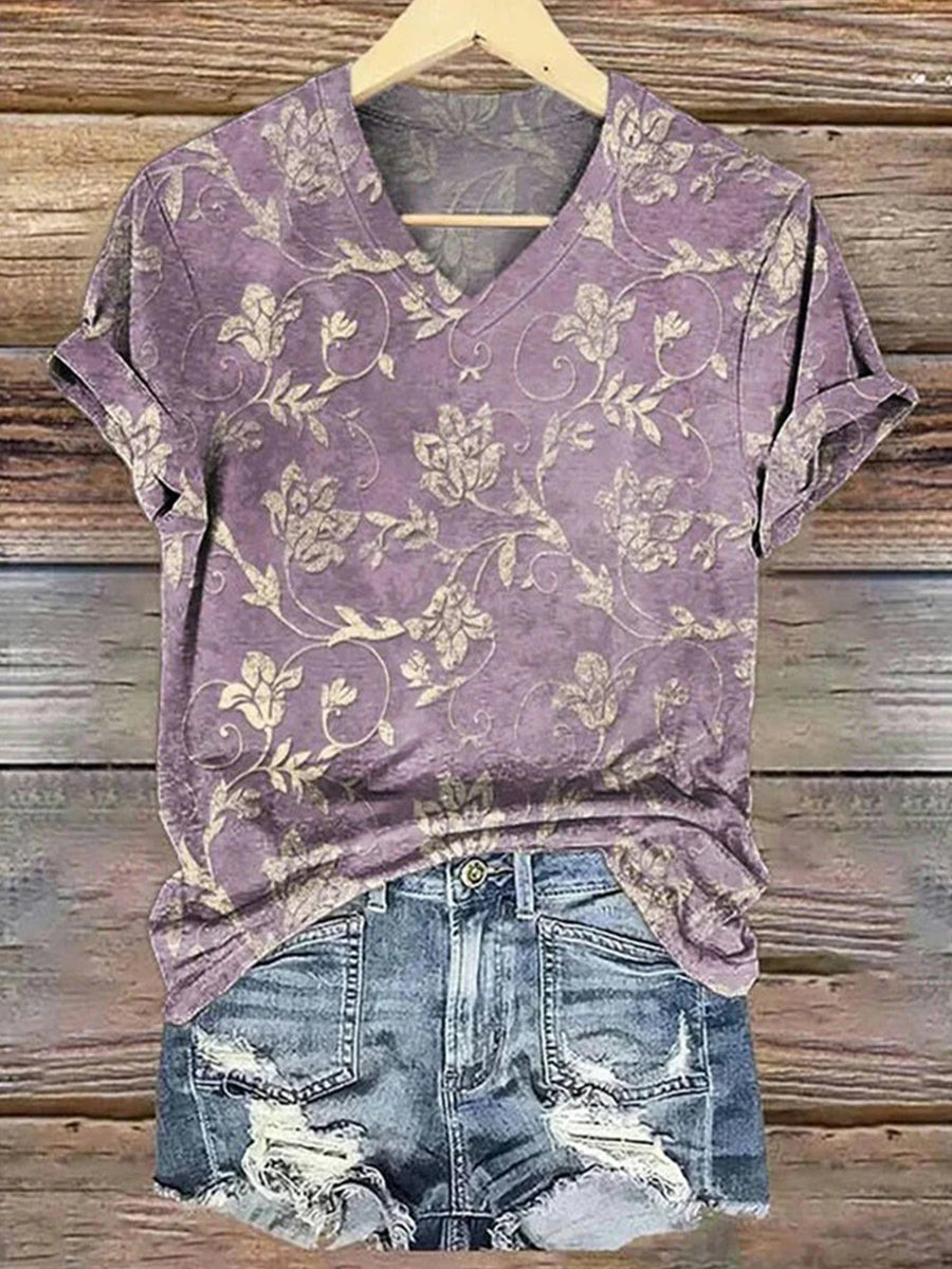 Vintage Floral Print V-neck Short Sleeve T-Shirt