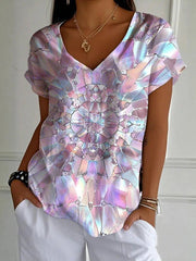Vintage Geometric Print V-neck Short Sleeve T-Shirt