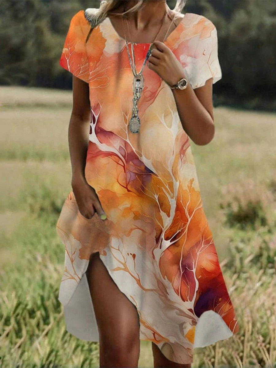 Watercolor Floral V-Neck Short Sleeve Midi Dress