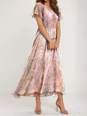 Pink Floral Print V-Neck Peplum Short Sleeve Maxi Dress