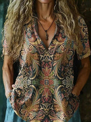 Vintage Bohemian Print V-Neck Short Sleeve Blouse