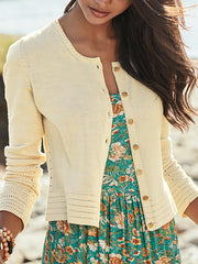 Plain Crew Neck Long Sleeve Buttons Vacation Cardigan