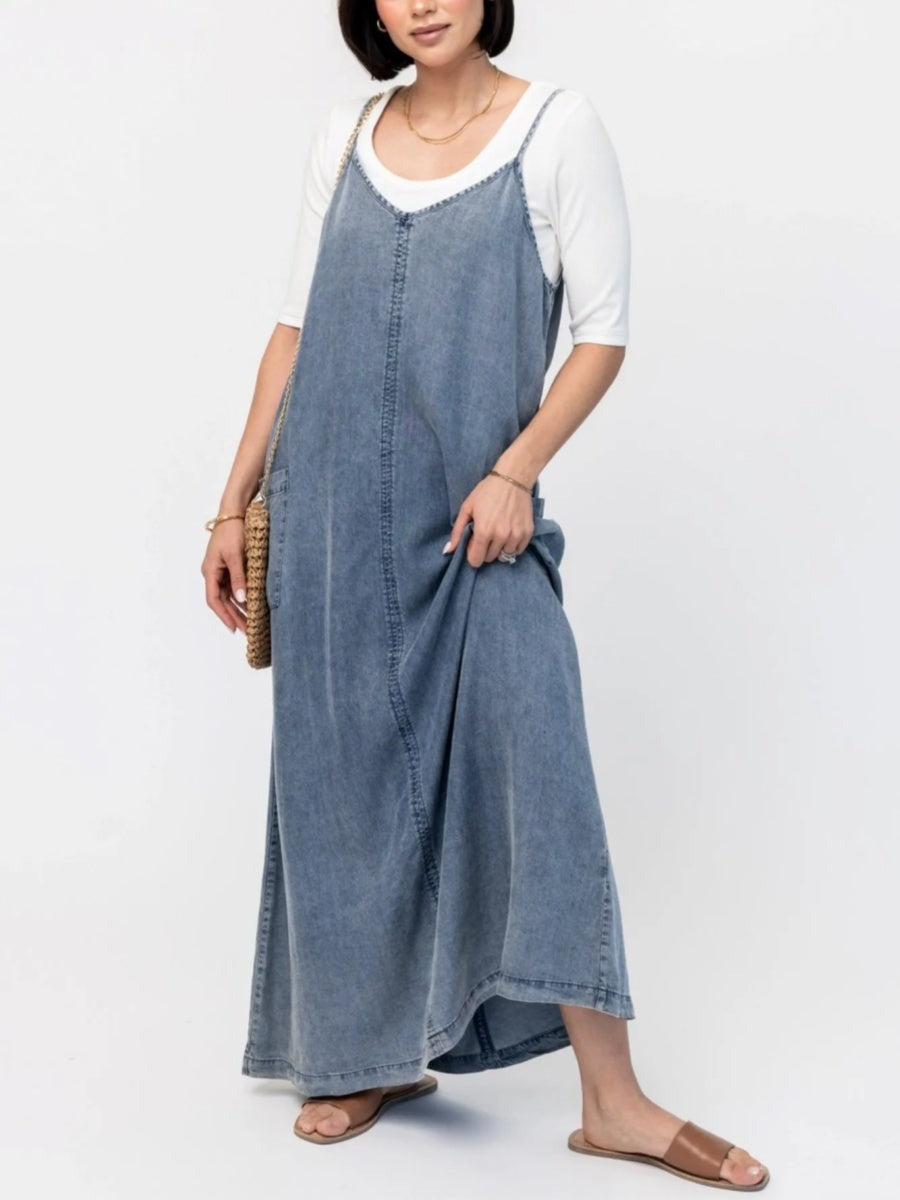 Plain V-neck Sleeveless Pockets Casual Denim Maxi Dress