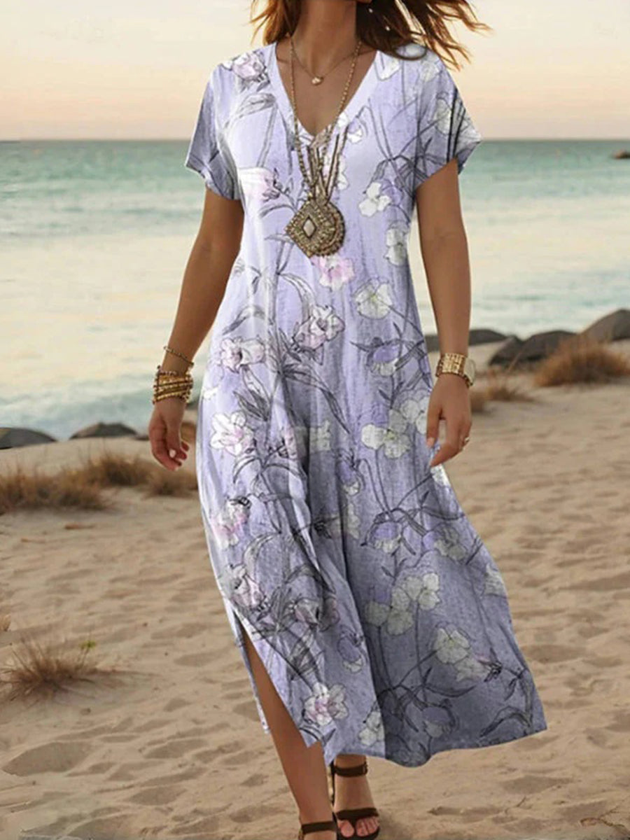 Vintage Floral Print V-neck Short Sleeve Dress