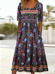 Vintage Floral Print U-neck Short Sleeve Dress