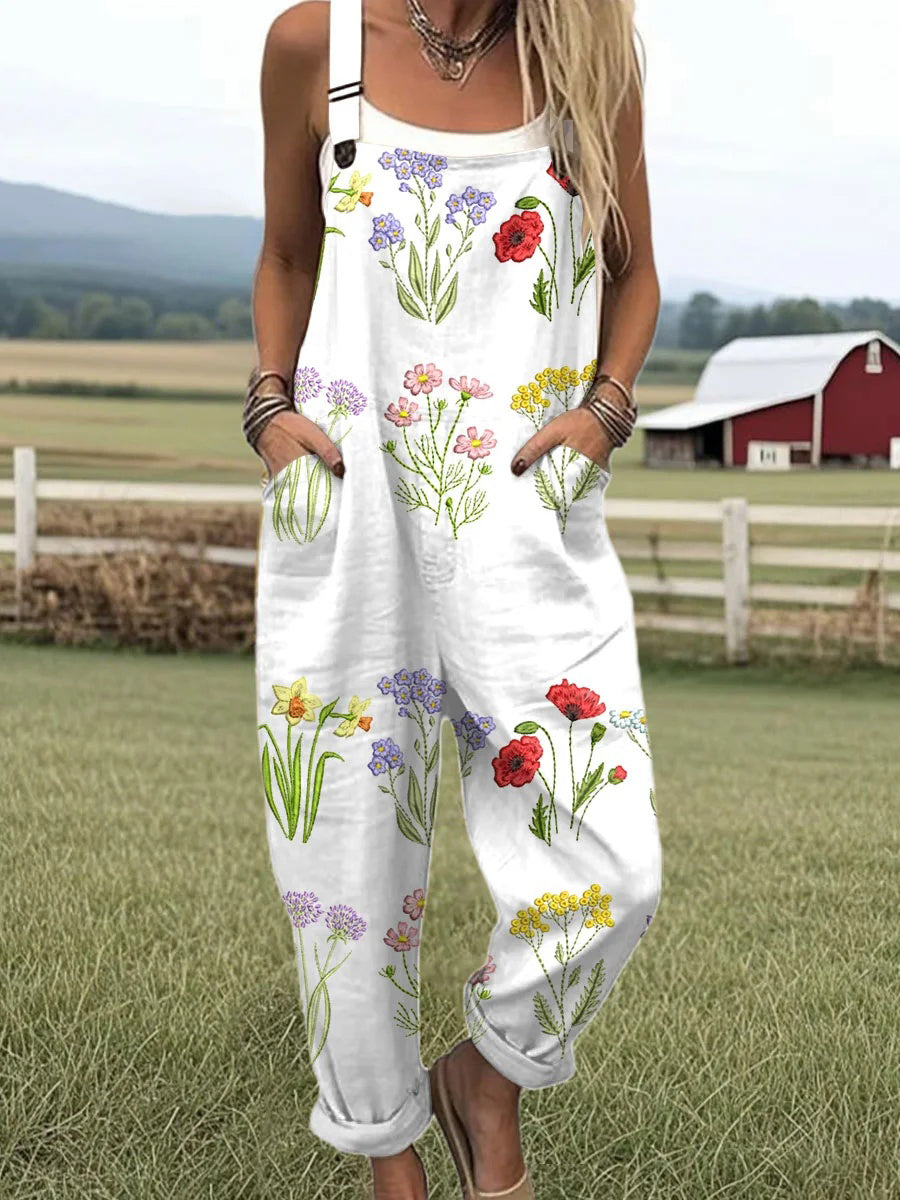 Vintage Floral Art Print Casual Wide Leg Jumpsuit