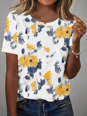 Vintage Floral Print Round Neck Short Sleeve T-Shirt