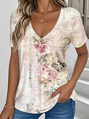 Vintage Floral V-neck Short Sleeve Comfy T-Shirt