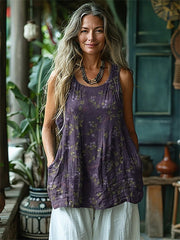 Vintage Floral Print Crew Neck Sleeveless Pockets Loose Tank Top