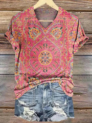 Ethnic Print V-neck Short Sleeve Loose Vintage T-Shirt