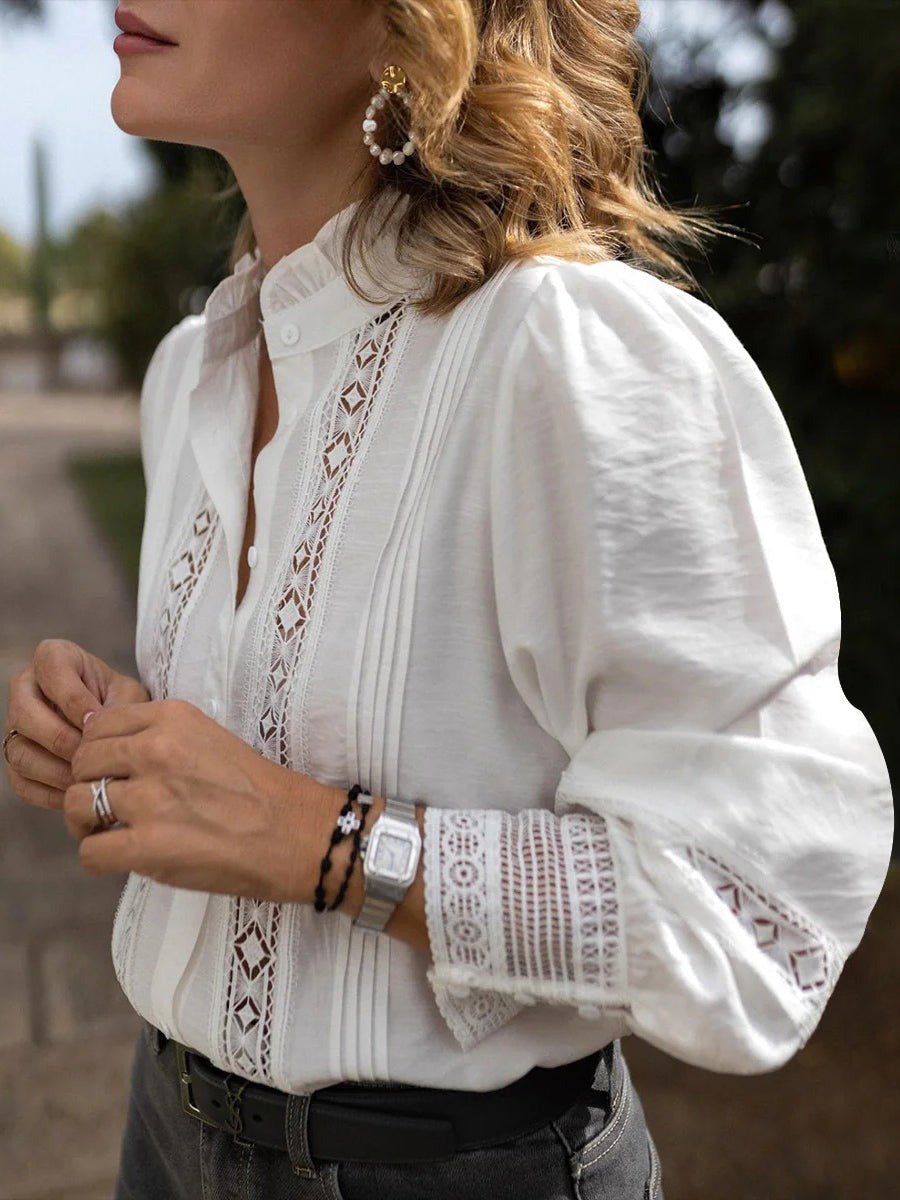 Pure White Stand Collar Hollow Out Long Sleeve Cotton Shirt