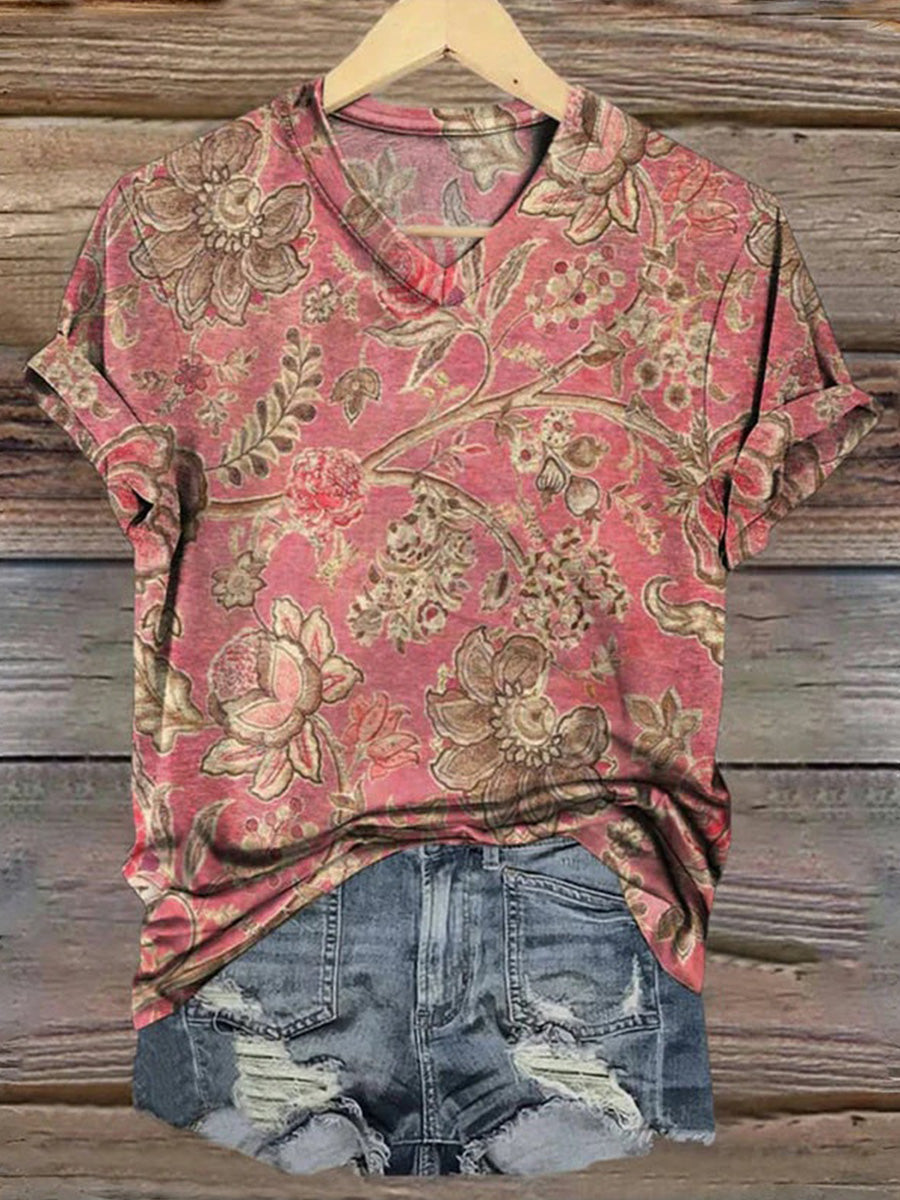 Vintage Floral Print V-neck Short Sleeve T-Shirt