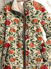 Floral Art Print Stand Collar Long Sleeve Pocket Warm Cardigan
