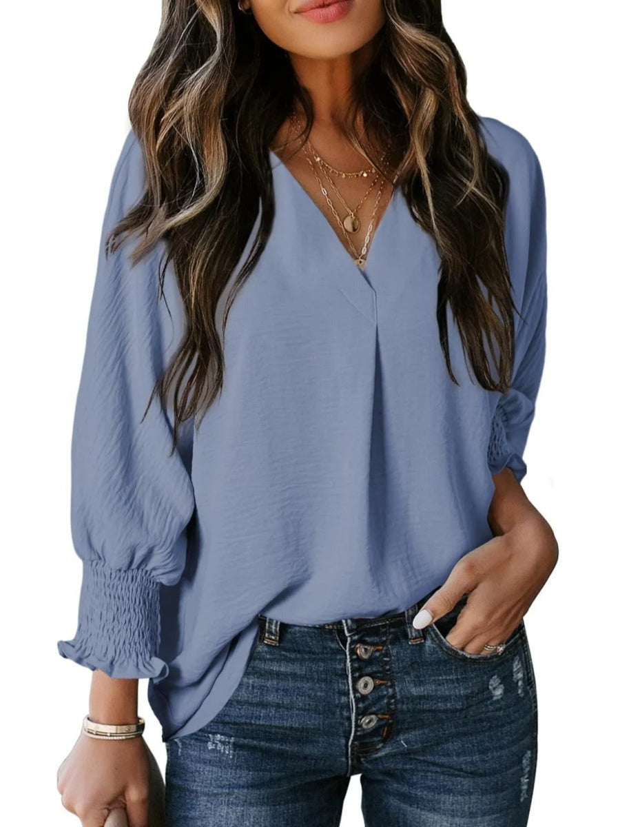 Solid Color V Neck Long Sleeve Loose Blouse