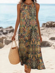 Ethnic Print Round Neck Sleeveless Resort Maxi Dress
