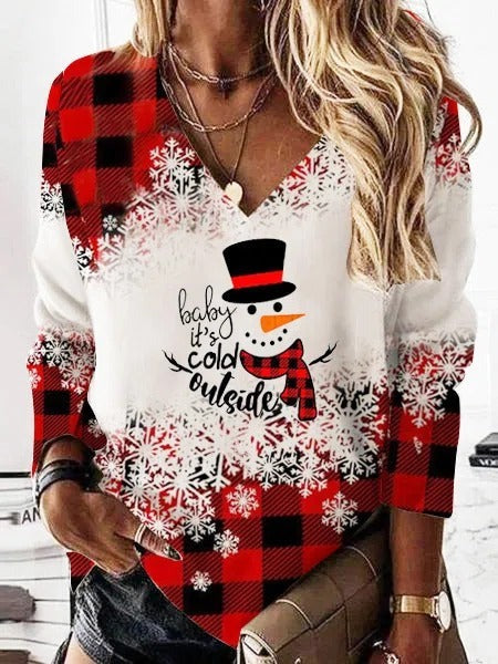 Christmas Snowman V-neck Long Sleeves Sweatshirt
