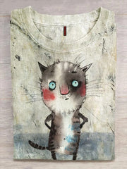 Cute Cat Art Print Round Neck Short Sleeve T-shirt