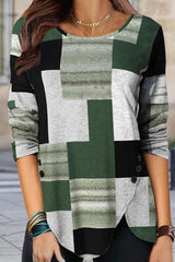 Geometric Painting Round Neck Long Sleeve Blouse