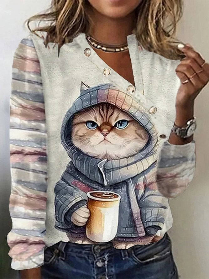 Cat Asymmetrical Collar Long Sleeve Blouse