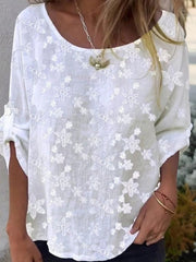 Plain White Lace Round Neck 3/4 Sleeve Tops