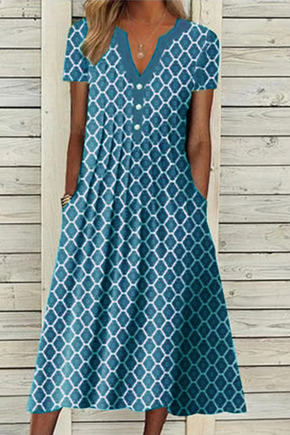 Geometric Print V-neck Short Sleeve Midi Dress