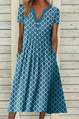 Geometric Print V-neck Short Sleeve Midi Dress