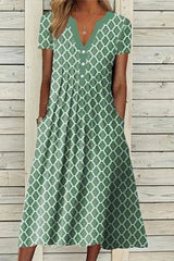 Geometric Print V-neck Short Sleeve Midi Dress