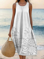 Solid Color Floral Round Neck Sleeveless Casual White Midi Dress