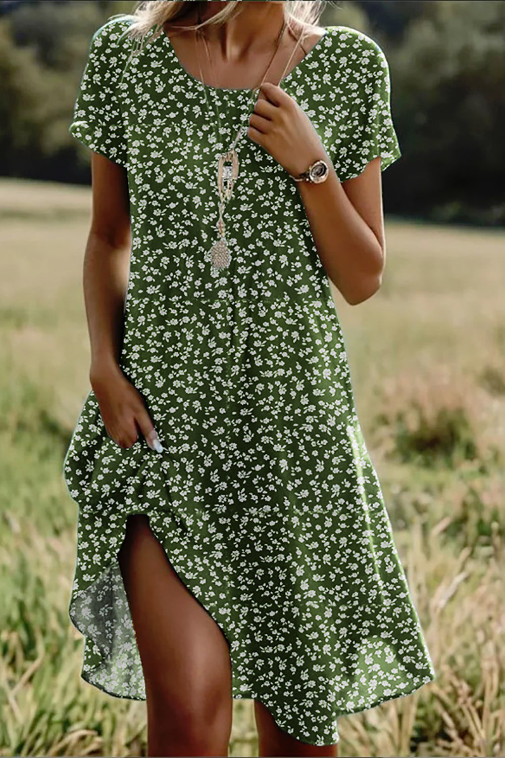 Green Ditsy Floral Short Sleeve Crew Neck Casual Midi Dress
