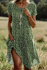 Green Ditsy Floral Short Sleeve Crew Neck Casual Midi Dress