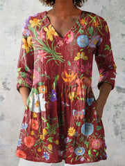 Casual Floral Print V-neck 3/4 Sleeve Tops