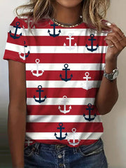 Stripe Print Crew Neck Short Sleeve Casual T-Shirt