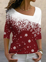Snowflake Print Asymmetrical V-neck Long Sleeves Sweatshirt