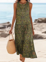 Vintage Floral Print Round Neck Sleeveless Comfy Midi Dress
