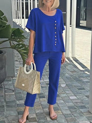 Solid Color Round Neck Button-down Short Sleeve Casual Two Piece Set