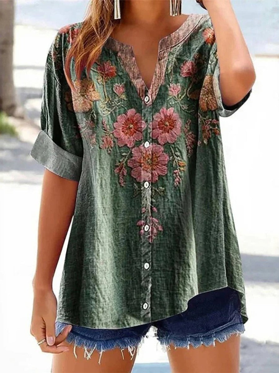 Vintage Floral Print V-neck Short Sleeve Tops