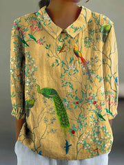 Vintage Floral Birds Art Print Crew Neck 3/4 Sleeve Casual Shirt