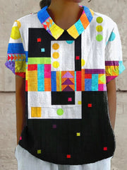 Colorful Geometric Abstract Print Crew Neck Short Sleeve Casual Shirt