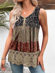Graphic Lace V-neck Sleeveless Buttons Tops