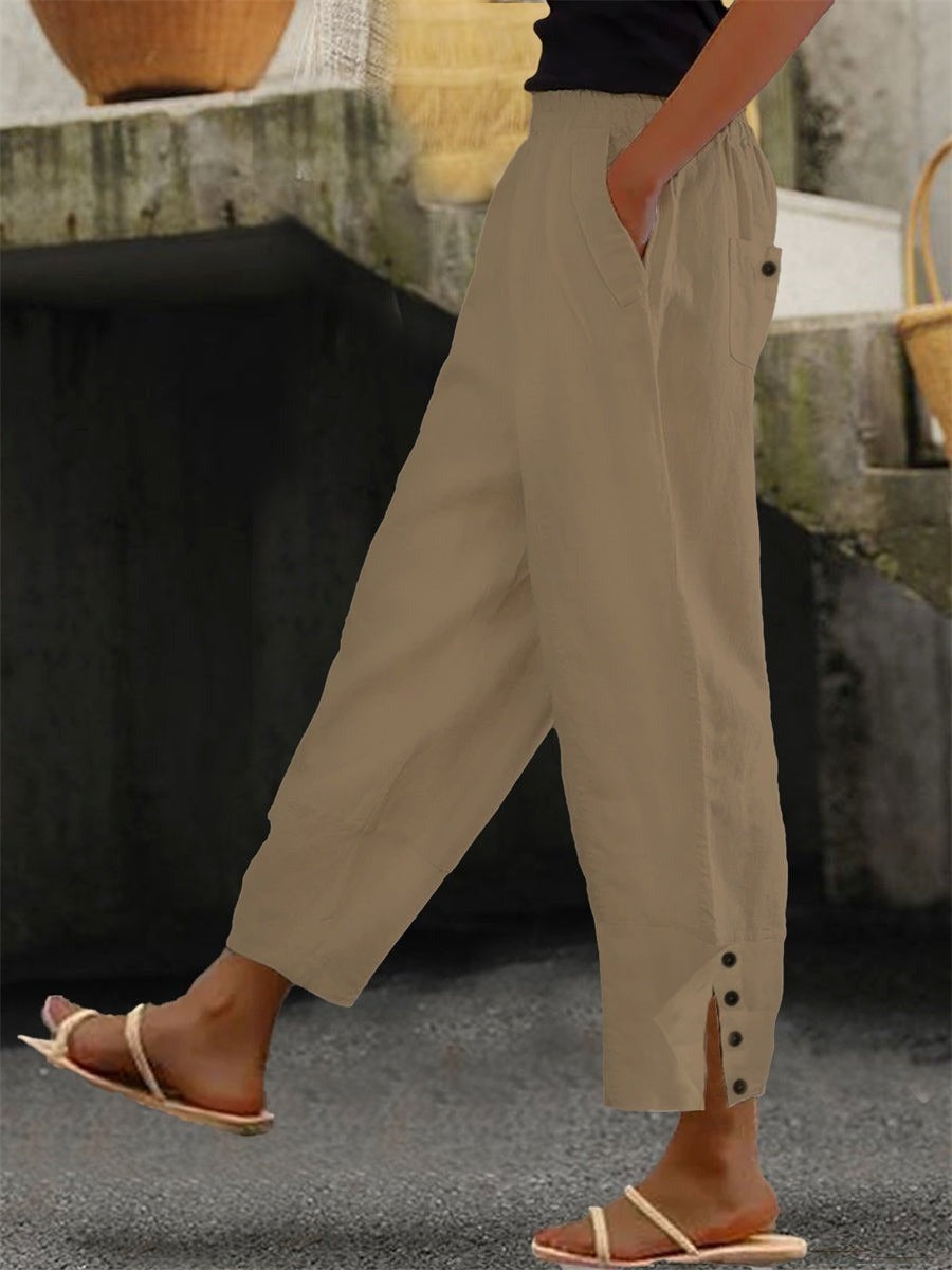 Plain Elastic Waist Buttoned Casual Loose Pants