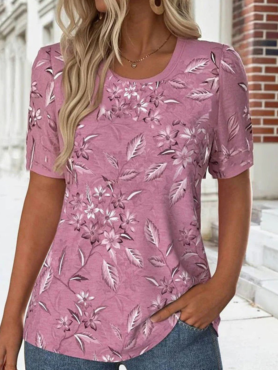 Vintage Floral Print Crew Neck Short Sleeve Casual T-Shirt