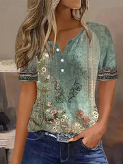 Vintage Floral Print V-neck Short Sleeve Comfy Blouse