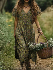 Vintage Ethnic Floral Print V-neck Short Sleeve Comfy Maxi Dress
