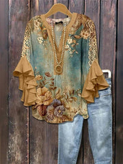 Vintage Floral Print V-neck Ruffle 3/4 Sleeve Loose Casual Blouse