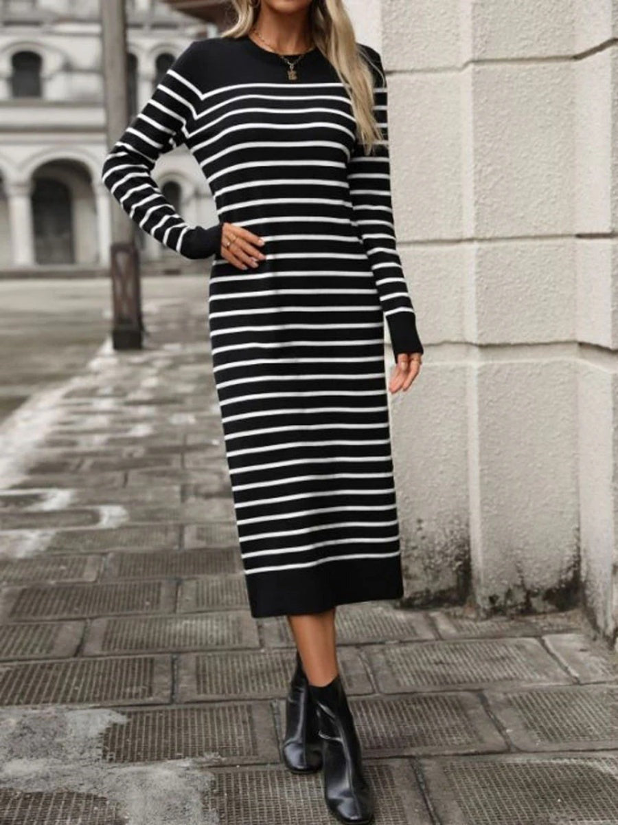 Elegant Striped Crew Neck Long Sleeve Knit Bodycon Midi Dress