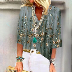 Green Trendy Floral Print V-neck 3/4 Sleeve Tops