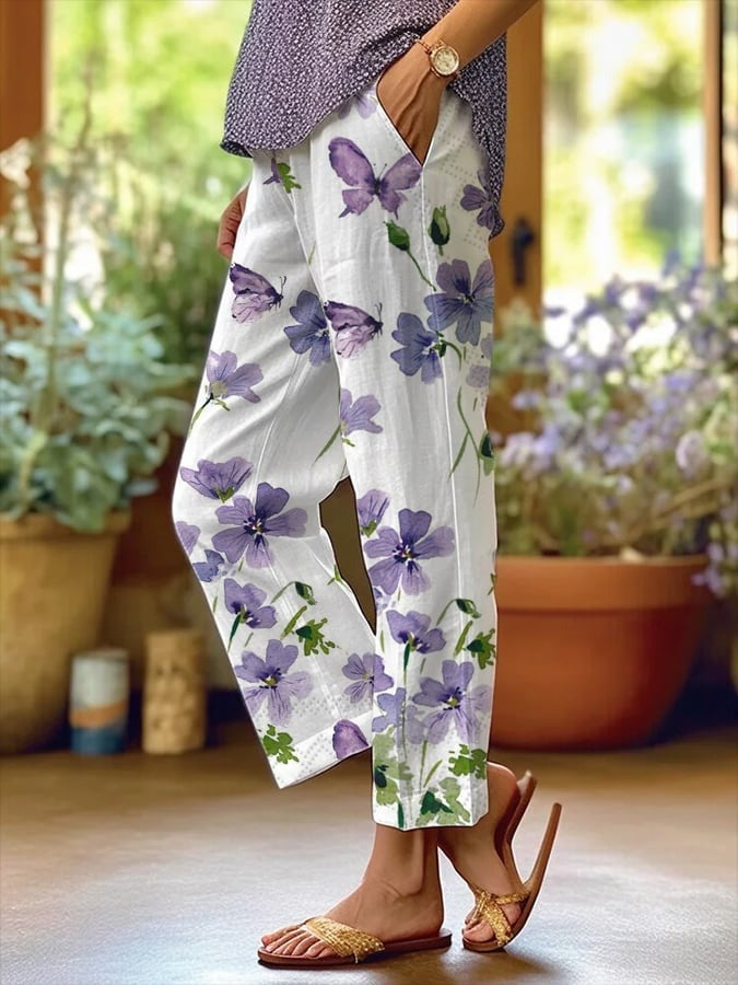 Retro Art Butterfly Flowers Print With Side Pockets Pants