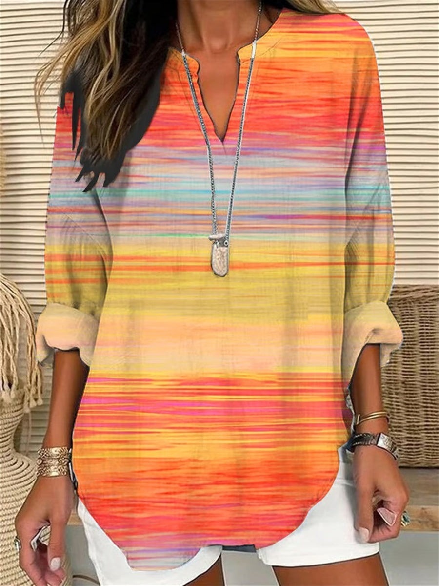 Gradient Color V-neck Long Sleeve Casual Shirt