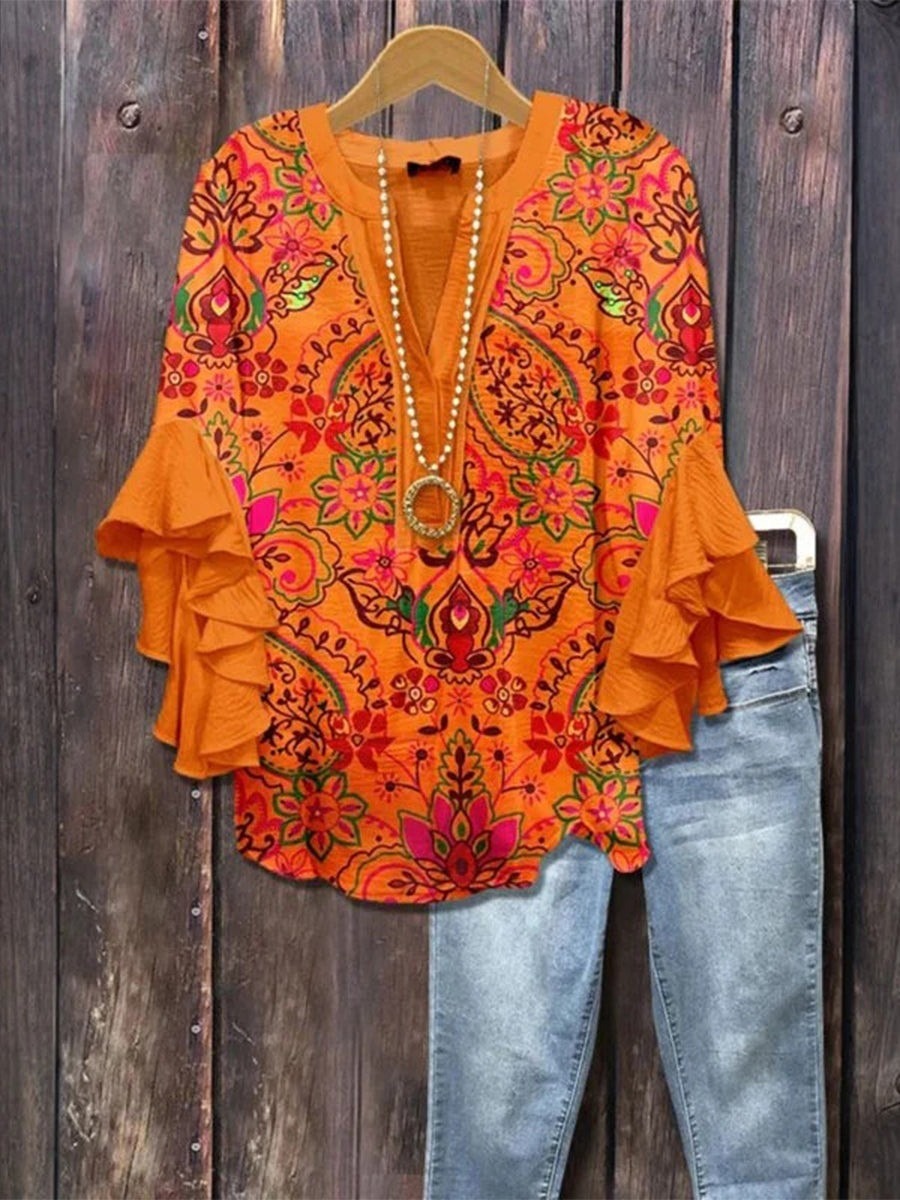 Vintage Ethnic Floral Print V-neck Ruffle 3/4 Sleeve Comfy Blouse