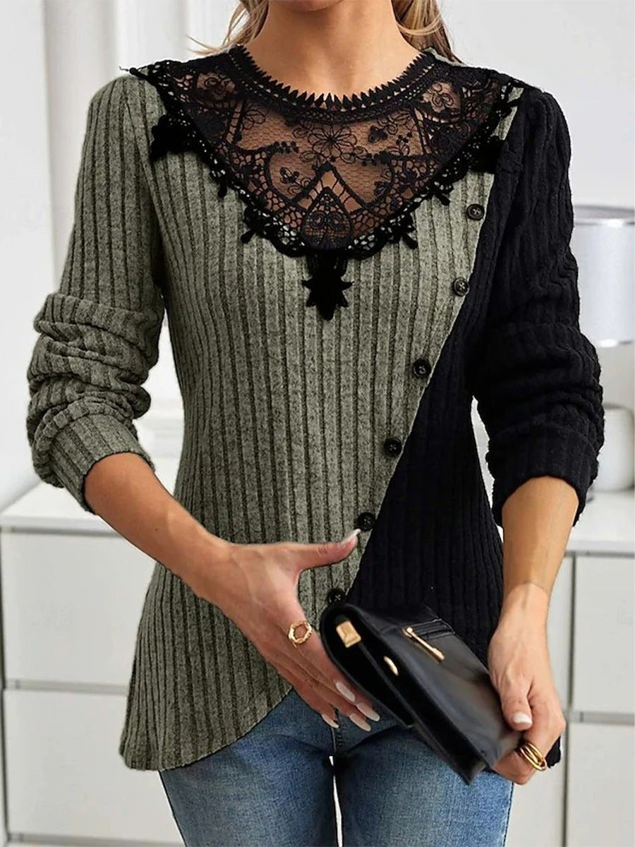 Color Block Ribbed Knit Lace Round Neck Long Sleeve Slim Fit Sweater with Button Details